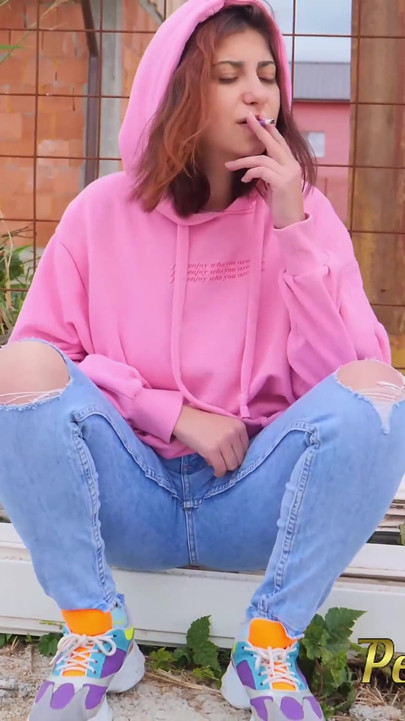 Hipster girl pee in her jeans - changing her wet shorts into dry pants