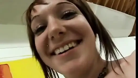 Brunette teen with piercing sucks cock then gets fucked from POV
