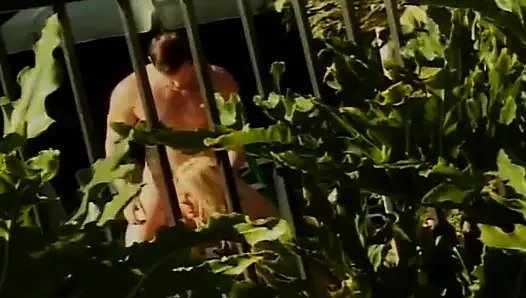 Klasik sarışın orta yaşlı seksi kadın arka bahçede büyük yarağa biniyor