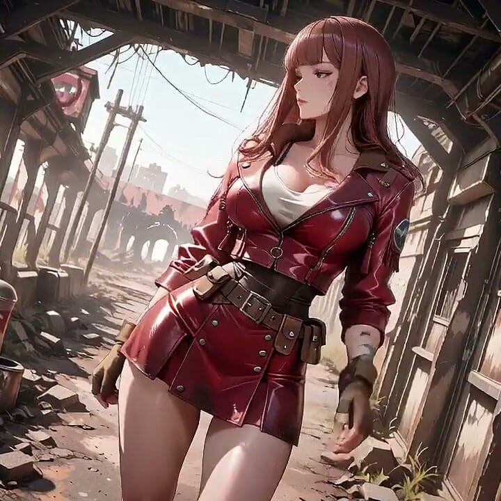 Tight Leather Suit Hugging Her Perfect Hips. She Lounges on the Broken Train Car, Hand Stroking Armor, Eyes Hazy yet Fierce.