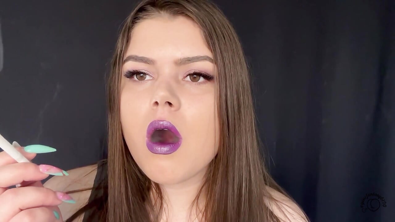 Smoking Cigarettes with Purple Lipstick Close-up