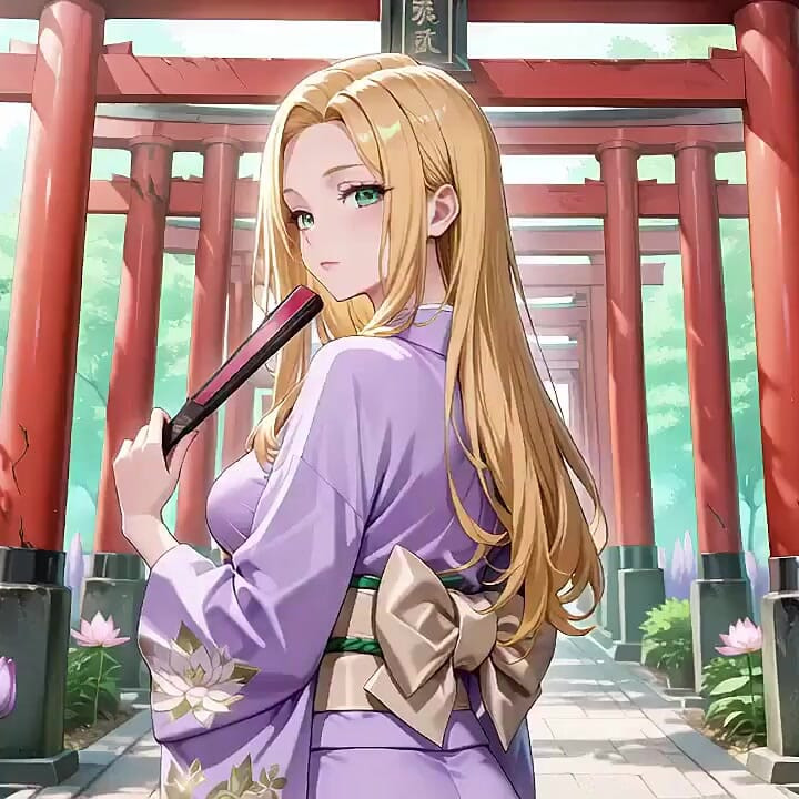 Blonde in Lavender! Kneeling Barefoot Under the Red Torii Gate, Her Andouf Fluttering in the Breeze