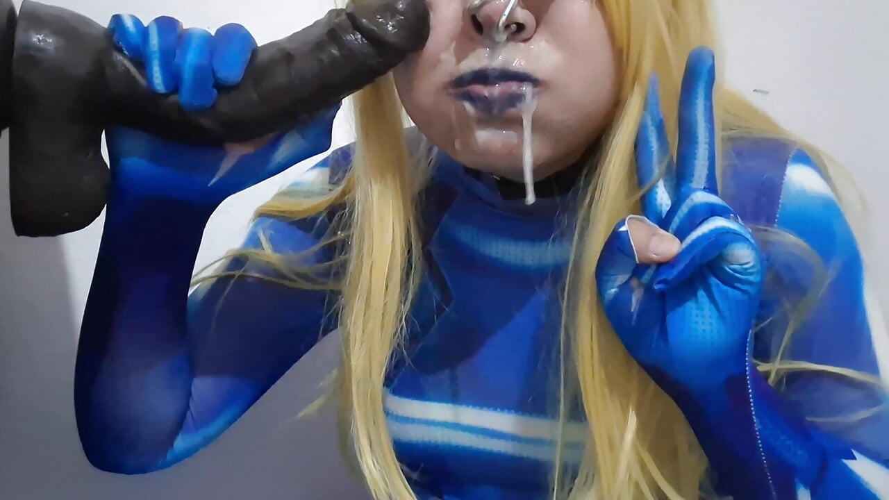Cute Samus Femboy with BDSM Nosehook giving a Sloppy Blowjob to BBC Dildo, Deepthroat, Facial Fuck and Eating Semen