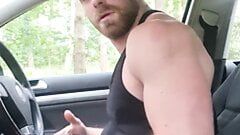 Muscular guy with perfect body is jerking off inside a car