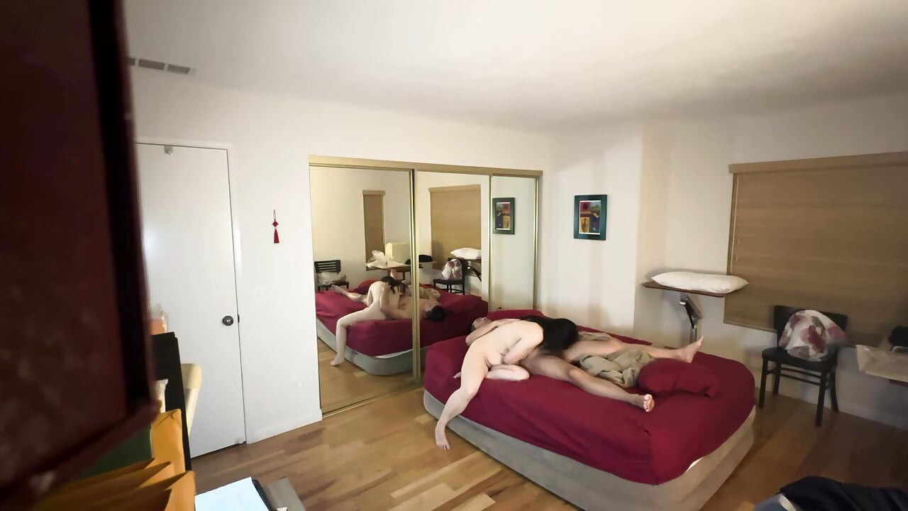 Yummy Jimmy Fucks Chinese Yoga Instructor Slutty Kitty in Front of Mirror with Her Husband Next Door