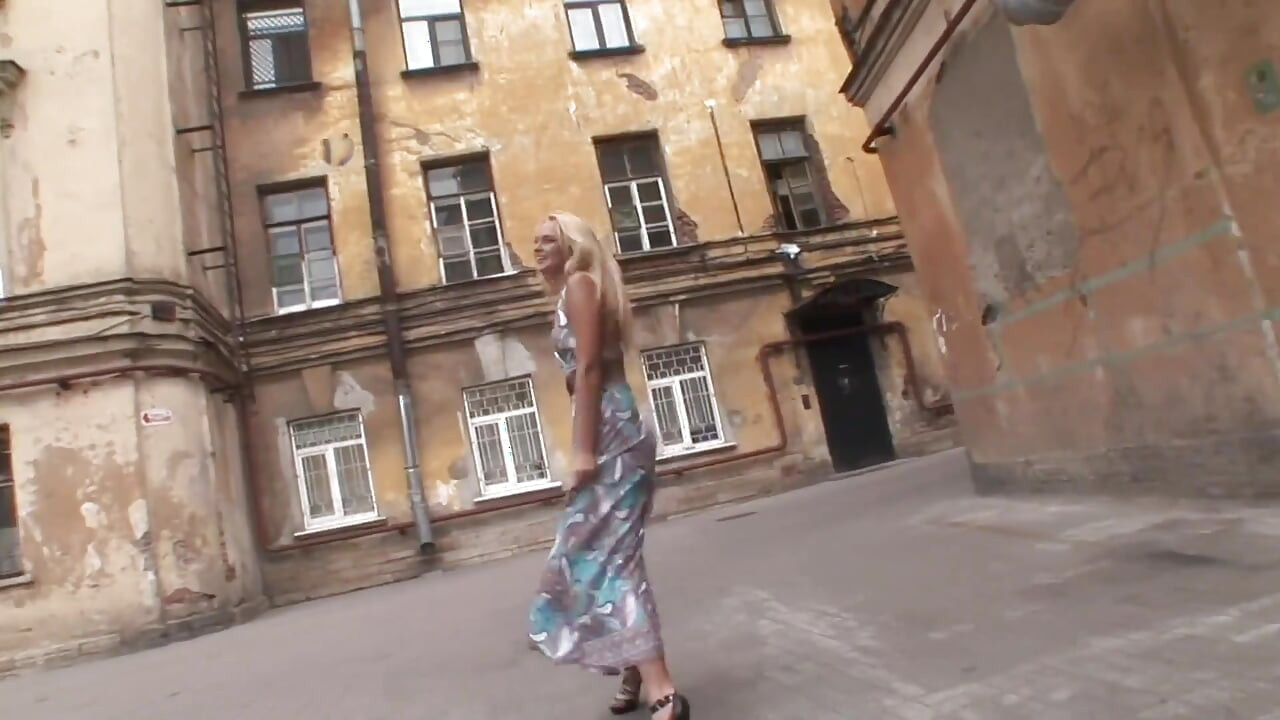 A Blonde Hottie Flashes and Pisses on the Street Before Going DP Threesome with Two Horny Hunks