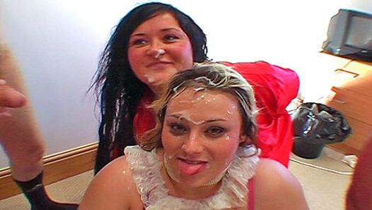 Fat British greedy girls real amateur bukkake party