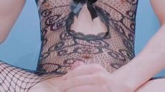 Japanese crossdresser cumshot in sexy fishnet lingerie
