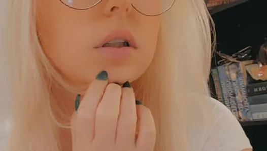 Hot nerdy blonde in glasses plays with pussy