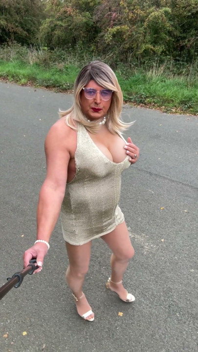 Sexy Crossdresser Kellycd2022 in out for a drive in gold dress and shiny seamless pantyhose | Clip 1