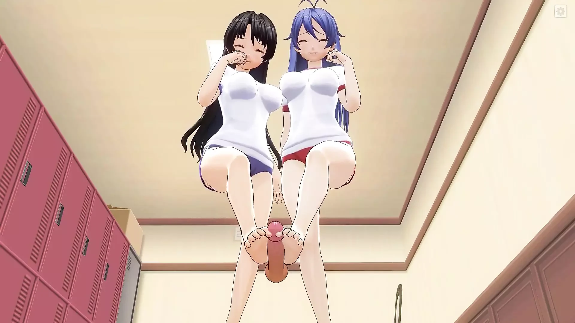 Two Students in Tracksuits Jerk off a Dick with Their Feet in the Locker Room