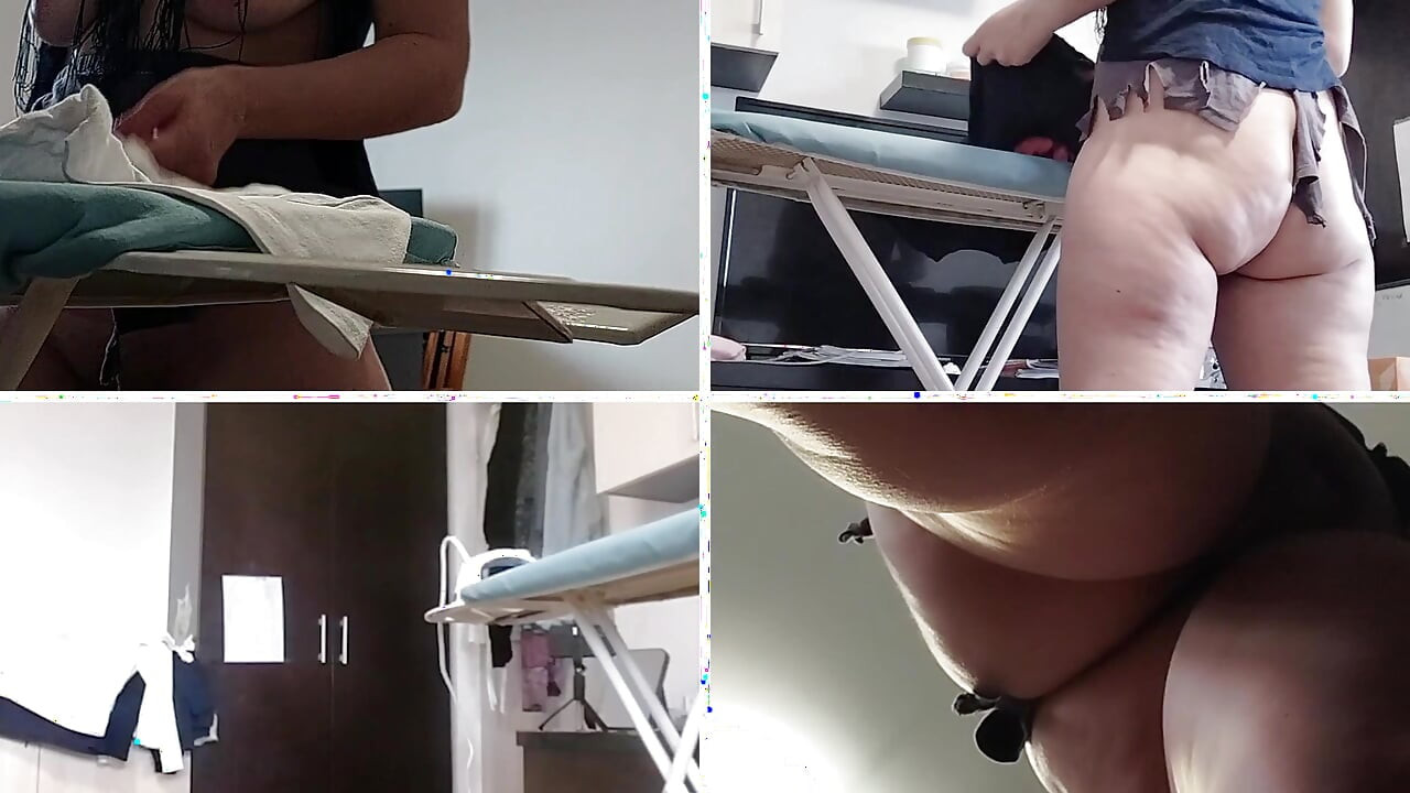 Brunette with hairy pussy, big tits, sensual and hairy woman in the kitchen.