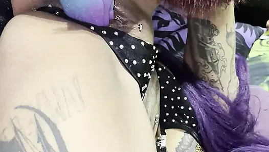 Goth girl cosplaying as Yoruichi Shihouin fucks her tight pierced pussy with fantasy dildo