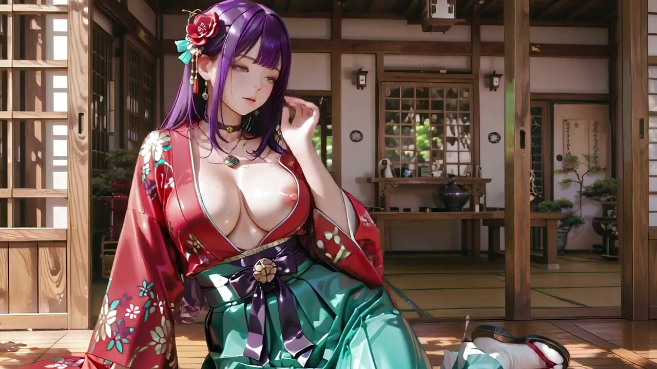 Rapariga de Cabelo Roxo e Quimono - Manhã Privada! O choque entre vermelho e verde é louco.