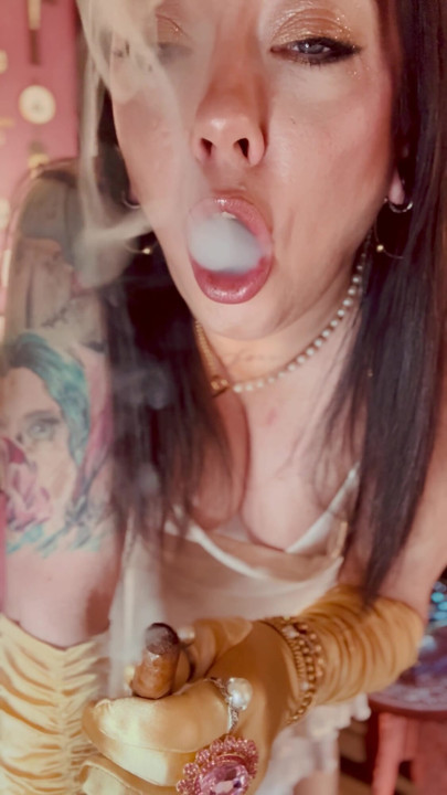 Cigar Smoking Tina Snua In Gold Satin Gloves & Rings - Smoker Smokes OME Drifting Smoke | Clip 2