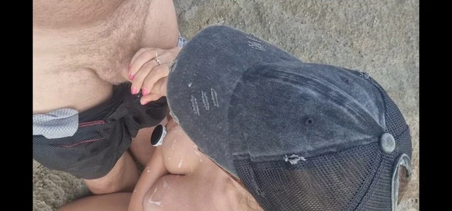 public blowjob ending with cum on tits. caught on the beach.