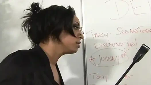 Lezdom ebony teacher upsetting her sexy student's pussy with the strapon