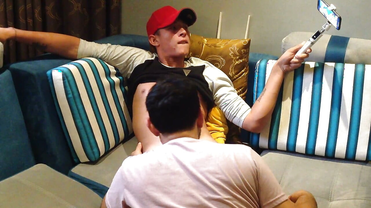 My neighbor films me in selfie mode with his cock down my throat!