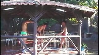 THree Latino lovers have hard fuck session with three lusty sluts outdoors