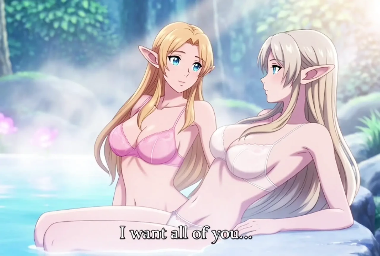 Two beautiful lesbian elves share an intimate night in a magical hot springs