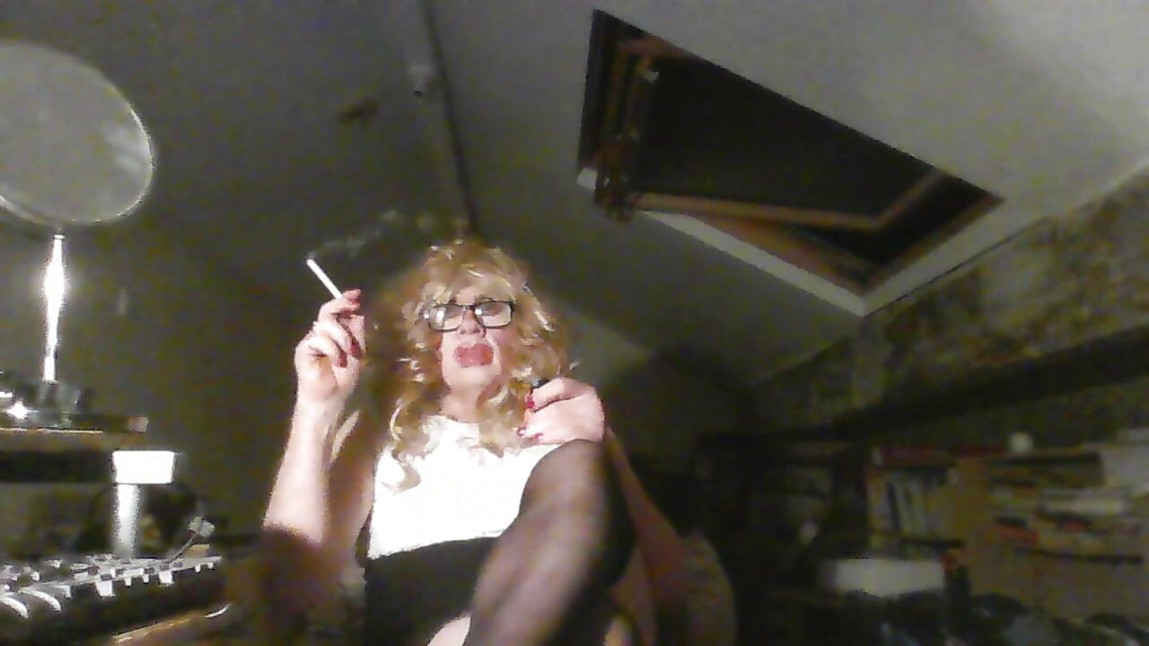 Slag trash Sarah smoking in a designer dress for a special occasion, but  can't resist exhibiting herself for cock