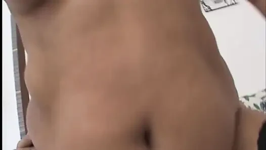 Chunky amateur brunette gets busy with two cocks