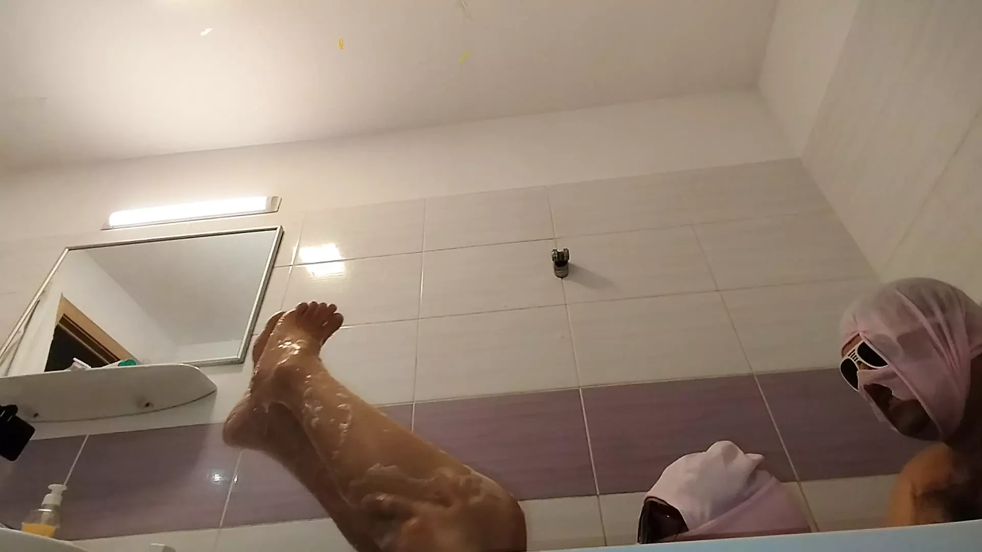 Amateur couple takes a bath, wife with hairy pussy, big ass, big tits.