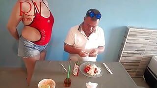 Naked waitress. Restaurant guest eats from the waitress's navel. c1 short