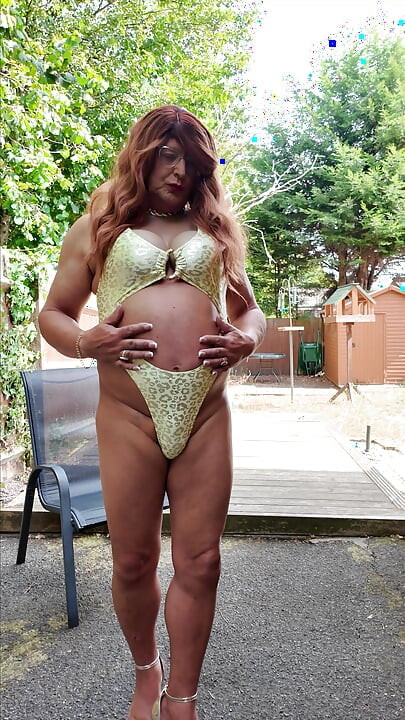 Sexy Crossdresser kellycd2022 in my white and gold swimsuit and heels