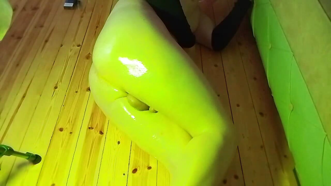Femboy looking shy while playing with silky ribbon