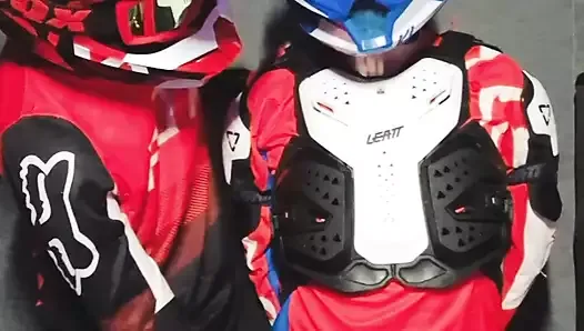A guy in a motocross gear gets a portion on his mxhelmet