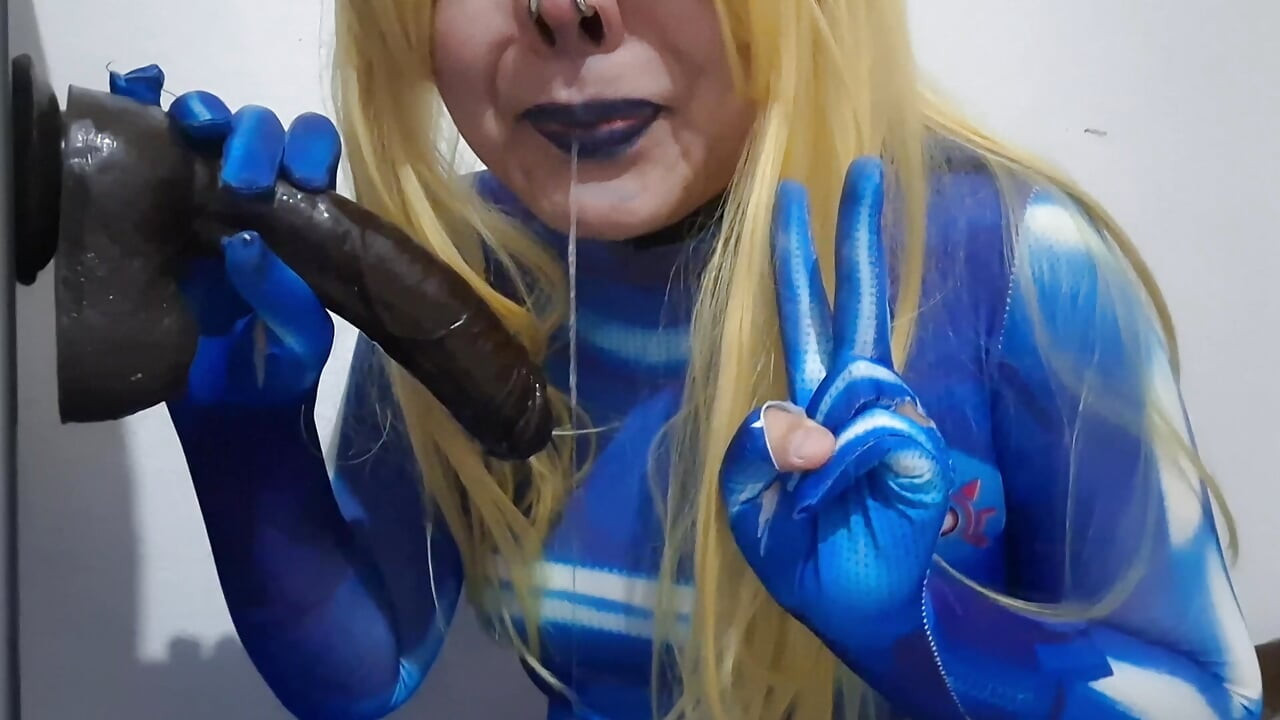 Cute Samus Femboy with BDSM Nosehook giving a Sloppy Blowjob to BBC Dildo, Deepthroat, Facial Fuck and Eating Semen