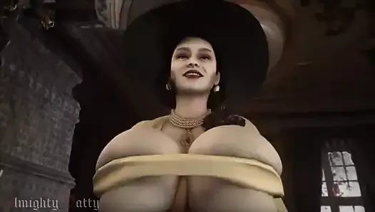 Lady Dimitrescu se promène avec une grosse bite entre ses seins qui rebondissent