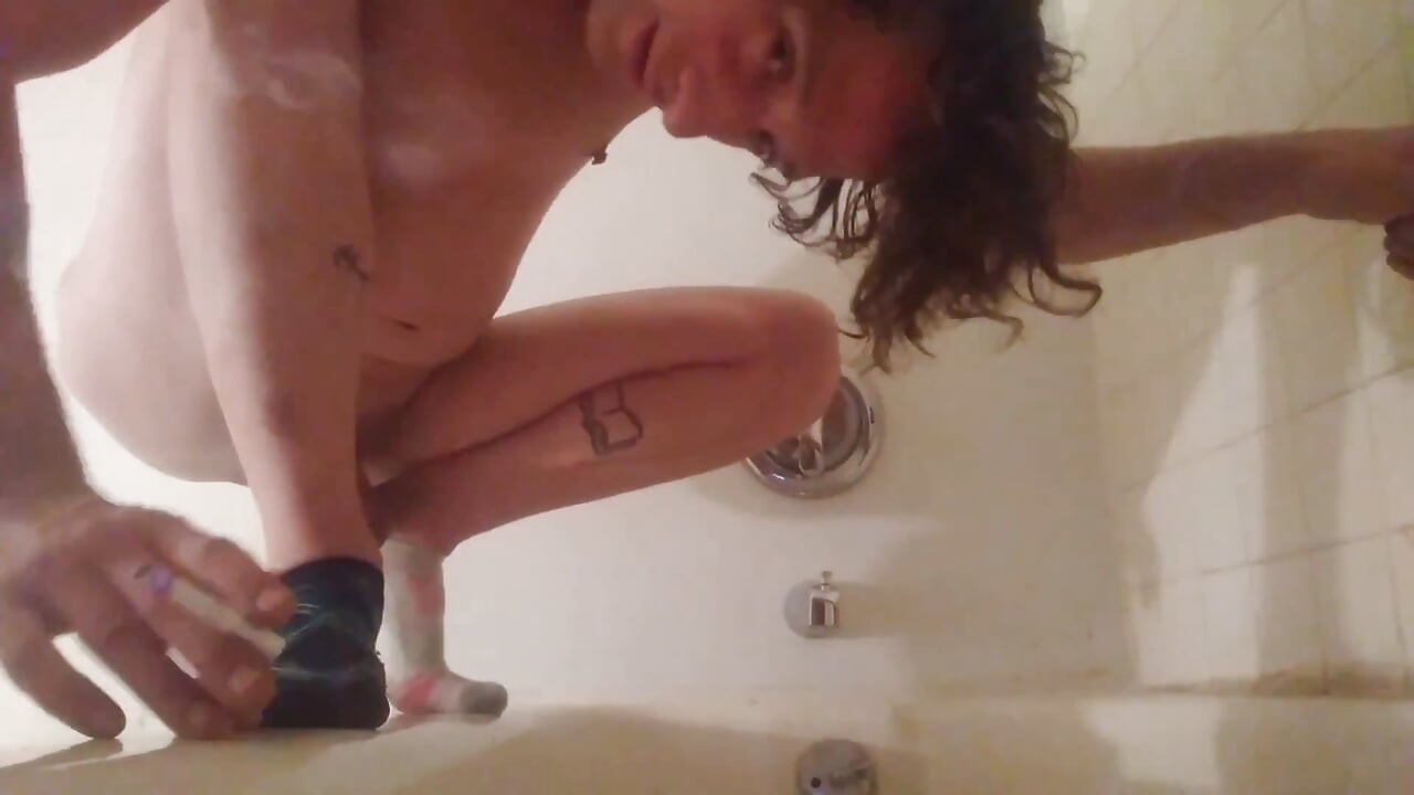 Perched on Edge of a Bathtub, Peeing and Showing My Puckerhole - Naked & Wearing Only One Sock