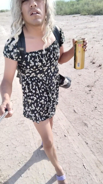 Ladyboy with cute hot feet in mini dress and heels walks in very hot | Clip 1