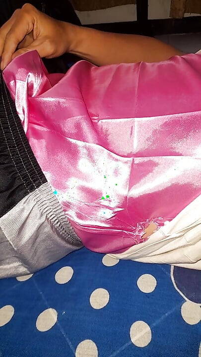 Wearing Satin Pink Lingerie Inside Shorts and Cum Into It