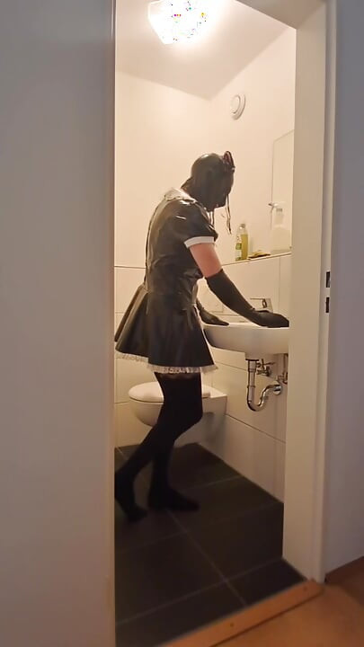 Caged Sissy Maid Slave - Cleaning the Bathroom for Mistress and Her Boyfriend
