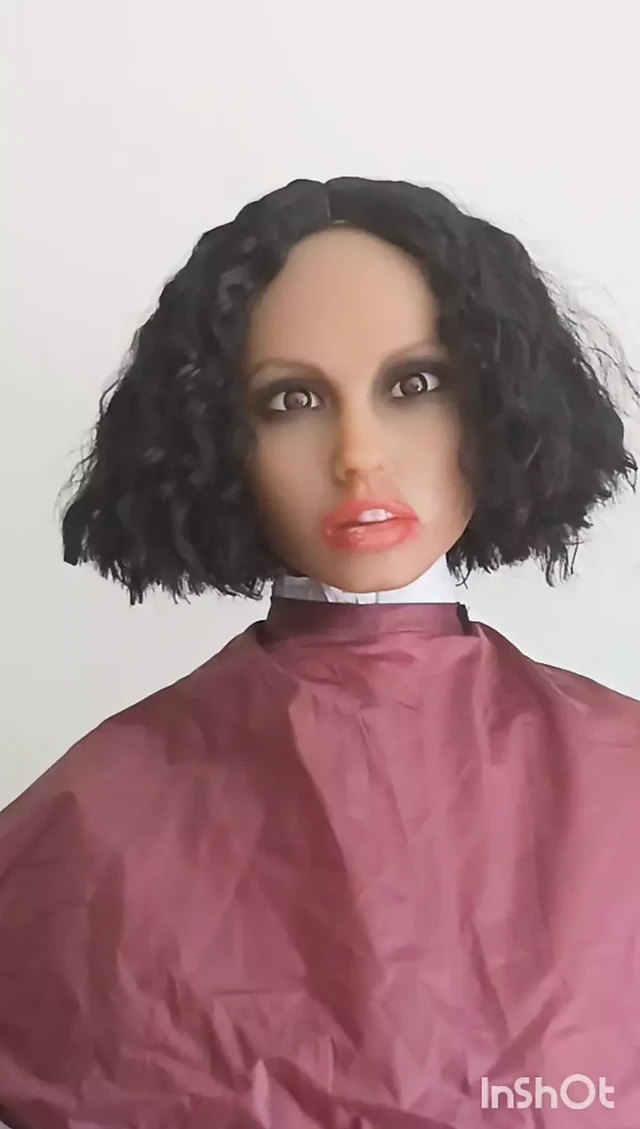 Topless ebony sex doll hairdressing cape fetish play