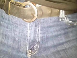 Cumshot on her Levis jeans crotch
