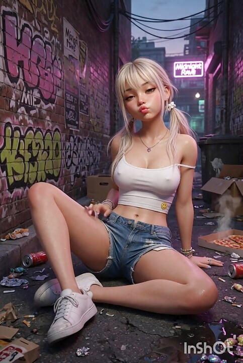 Blonde in public alley, masturbates on the floor with braces and white top