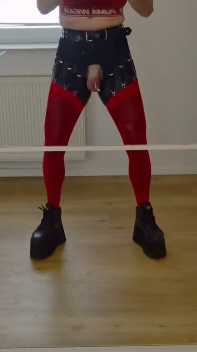 Jingle & Shake: Teasing My Bell-Pierced Cock in Red Stockings, Buffalo tower shoes & Crop Top