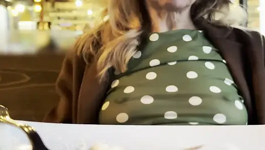 Teasing people with my nipples in a sheer blouse in a restaurant having dinner