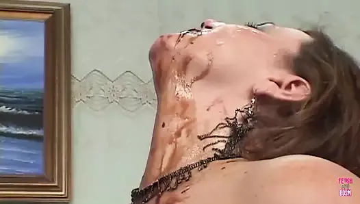 A Brunette with Big Tits Gets Covered in Cream, Chocolate Syrup, and Finally Some Cum