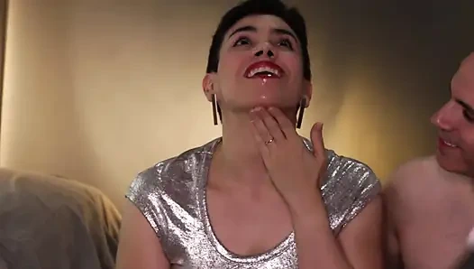 Cum Mouthful Dripping on Silver Shirt