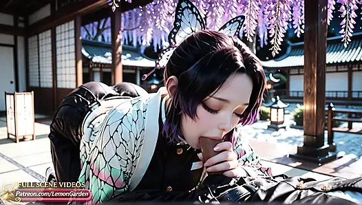 Shinobu Kocho fucks in a night garden with blooming wisteria. 3d Hentai Ai generated anime porn