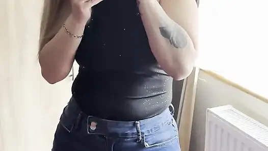Masturbating with a Huge Black Cock in a Denim Miniskirt