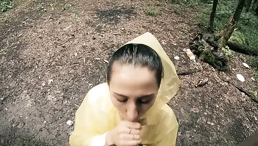 Black Lynn in Yellow Raincoat Sucking Cock in the Woods - Outdoor Blowjob and Cum in Mouth