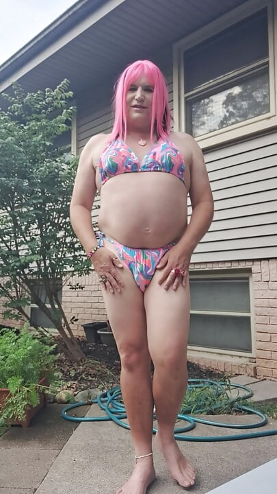 Feeling horny in my new bathing suit outside on the patio!