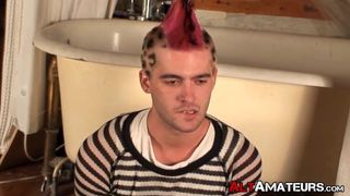 Punk with Cherokee hair pulling on his hard cock