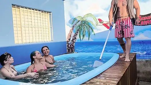 3 naughty friends paying the pool owner on the xerecard
